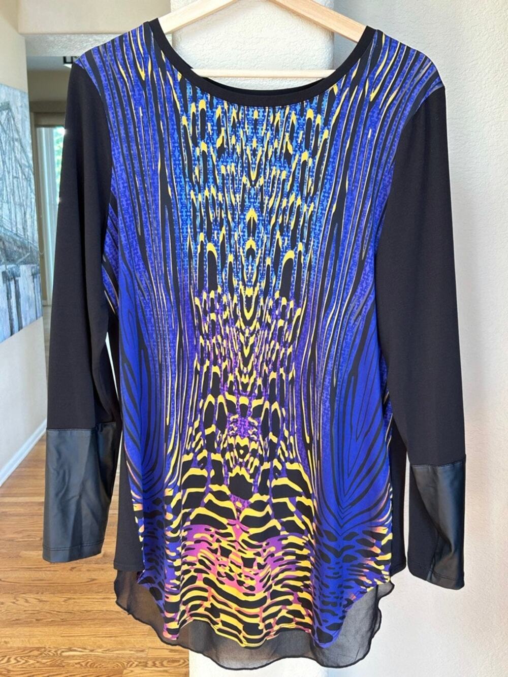 Nygard Black Jersey Knit Stretch Tunic Mixed Media Pull Over M Top Art to Wear